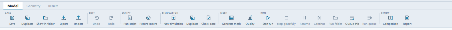 The Model ribbon tab, with the Geometry and Results tabs beside it, and command groups labelled CASE, EDIT, SCRIPT, SIMULATION, MESH, RUN and STUDY.