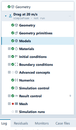 The setup tree: Geometry at case level, then the simulation row, then Geometry, Geometry primitives, Models, Materials, Initial conditions, Boundary conditions, Advanced concepts, Numerics, Simulation control, Result control, Mesh and Simulation runs.