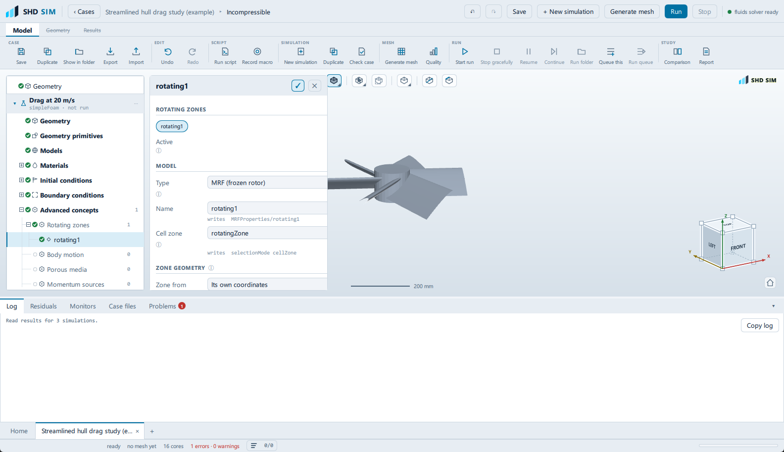 The Advanced concepts item editor for a rotating zone, with Type set to MRF (frozen rotor), Shape set to cylinder, the Radius, Length and axis fields below it, and a Rotation section giving the speed in rpm and the axis as three components.