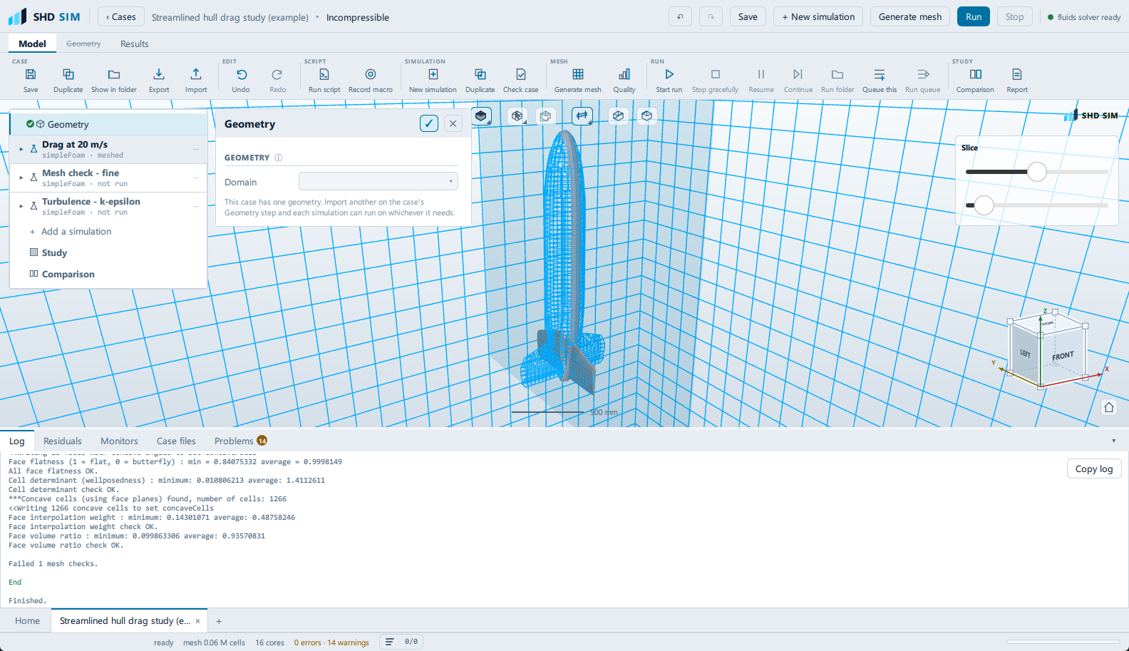 The bottom of the Geometry pane with the Display Mode combo reading SurfacesWithEdges and the Section combo directly beneath it reading Slice, beside a sliced viewport showing finer cells inside the refinement region.