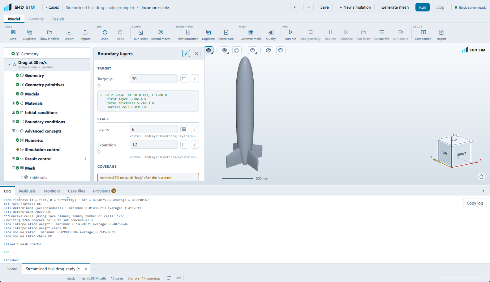 The Boundary layers pane's Coverage box reporting the percentage of layers achieved on patch 'body' after the last mesh, with the recommendation button directly beneath it.