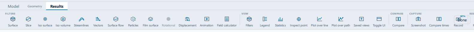 The Results ribbon tab open, with the CAPTURE group showing Screenshot, Compare times and Record with its BETA badge, and the RESULT group showing Report, Export and Reset.