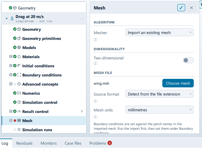 The Mesh pane's Mesh file section with the chosen file, the Source format combo reading Detect from the file extension and the Mesh units combo reading millimetres, beside the setup tree.
