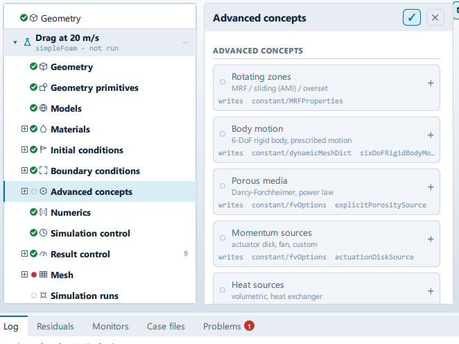 The Advanced concepts panel open beside the setup tree, showing the Advanced concepts section.