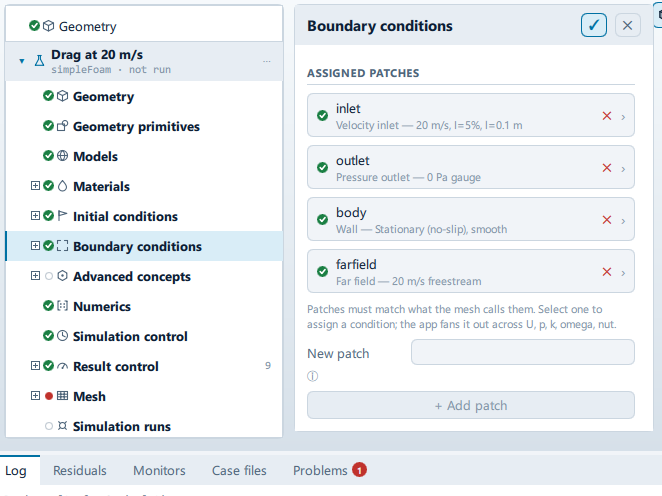 The Boundary conditions panel open beside the setup tree, showing the Assigned patches section.