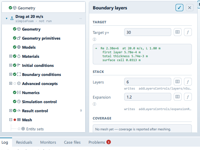 The Boundary layers panel open beside the setup tree, showing the Target, Stack, Coverage, Medial axis and Layer placement sections.