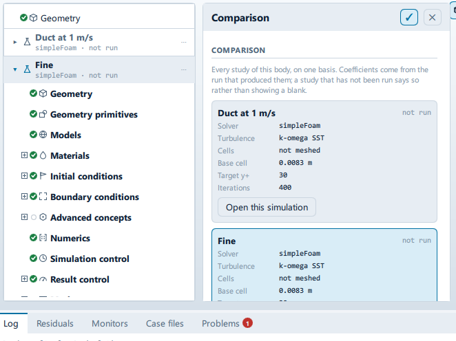 The Comparison panel open beside the setup tree, showing the Comparison, Incidence sweep, Component loads, Derived quantities and Comparison report sections.