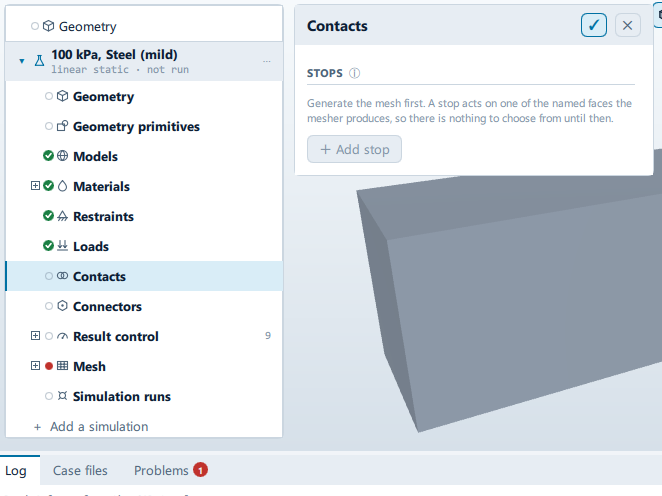 The Contacts panel open beside the setup tree, showing the STOPS section.