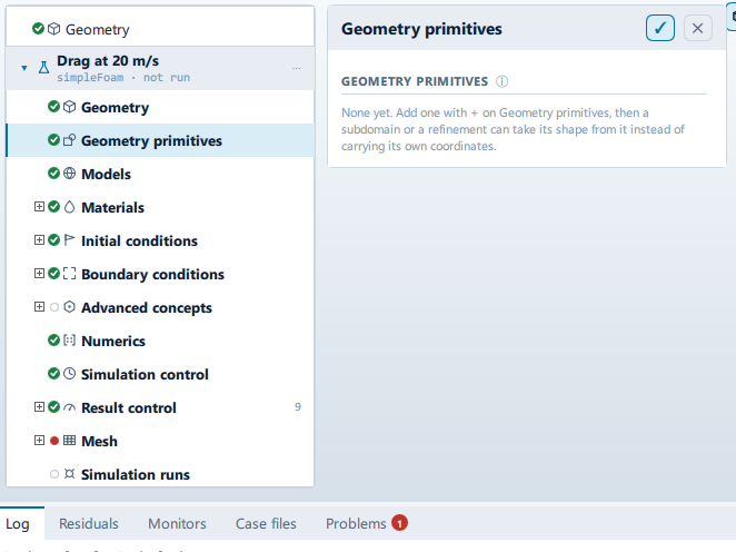 The Geometry primitives panel open beside the setup tree, and its controls.