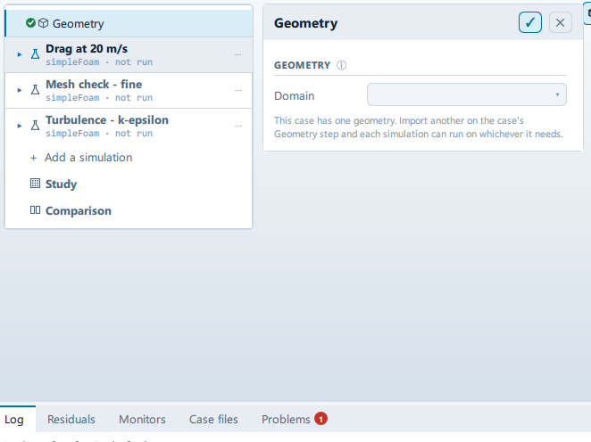 The Geometry panel open beside the setup tree, showing the Geometry, Import, Aerofoil extrusion, Parts, Display, Geometry info and Supported formats sections.