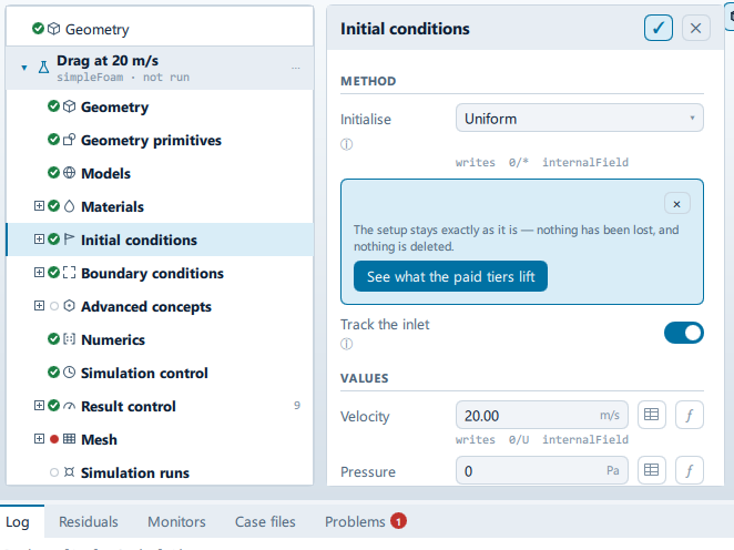 The Initial conditions panel open beside the setup tree, showing the Method, Values, Turbulence and Written to 0/ sections.