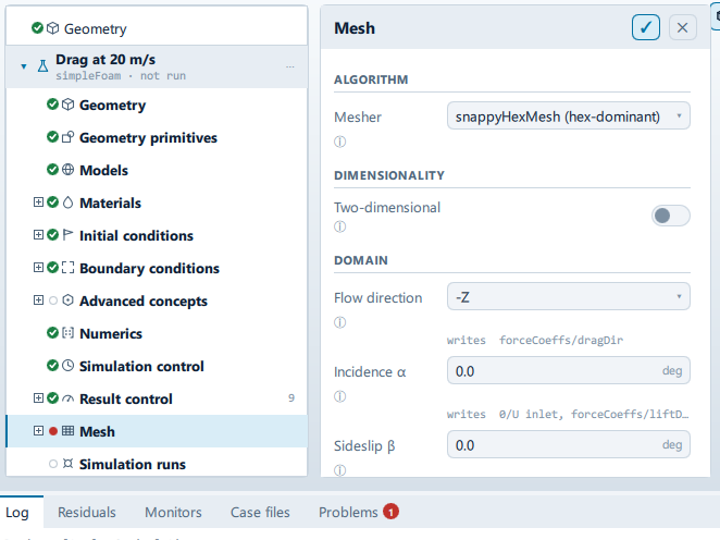 The Mesh panel open beside the setup tree, showing the Algorithm, Dimensionality, Mesh file, Domain, Fluid region, Base mesh and Generate sections.