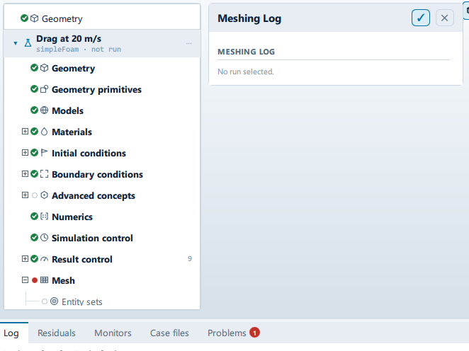 The Meshing Log panel open beside the setup tree, and its controls.