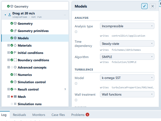 The Models panel open beside the setup tree, showing the Analysis, Turbulence, Physics and Derived sections.