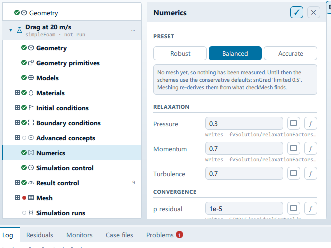 The Numerics panel open beside the setup tree, showing the Preset, Relaxation, Convergence, Schemes, Momentum solver and Pressure solver sections.