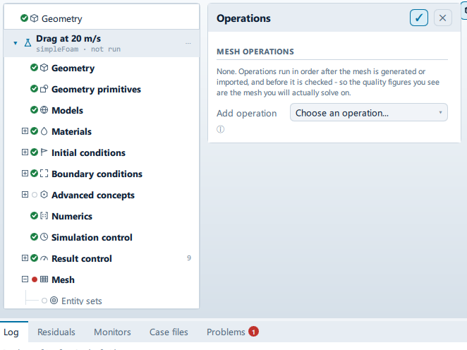 The Operations panel open beside the setup tree, showing the Mesh operations section.