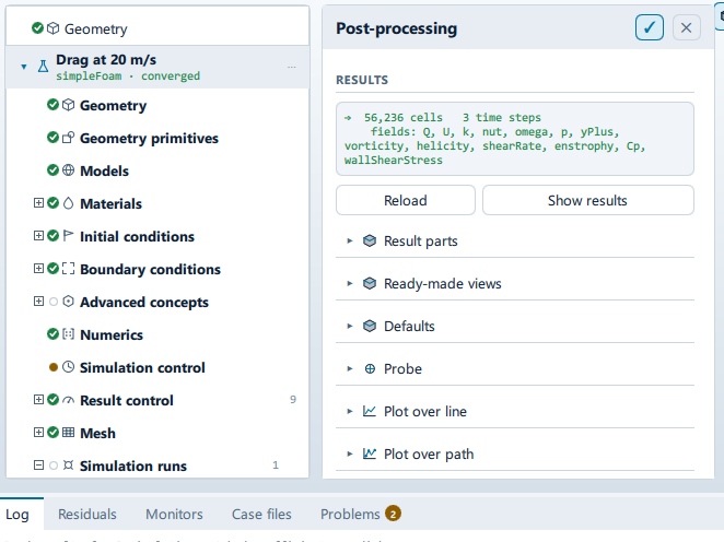 The Post-processing panel open beside the setup tree, showing the Results section.