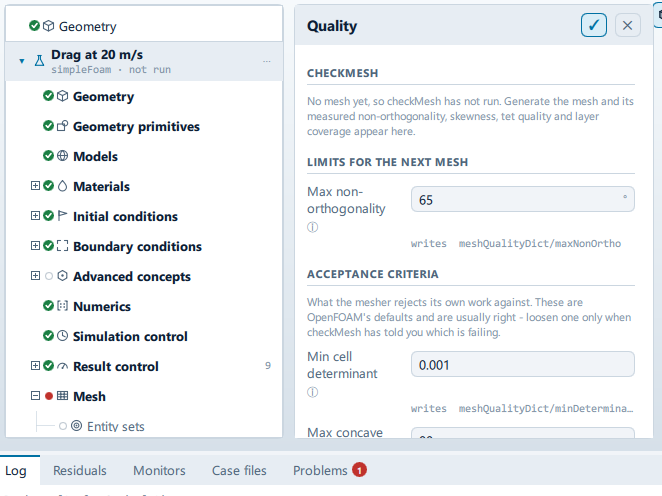 The Quality panel open beside the setup tree, showing the checkMesh, Limits for the next mesh, Acceptance criteria and Recommendations sections.