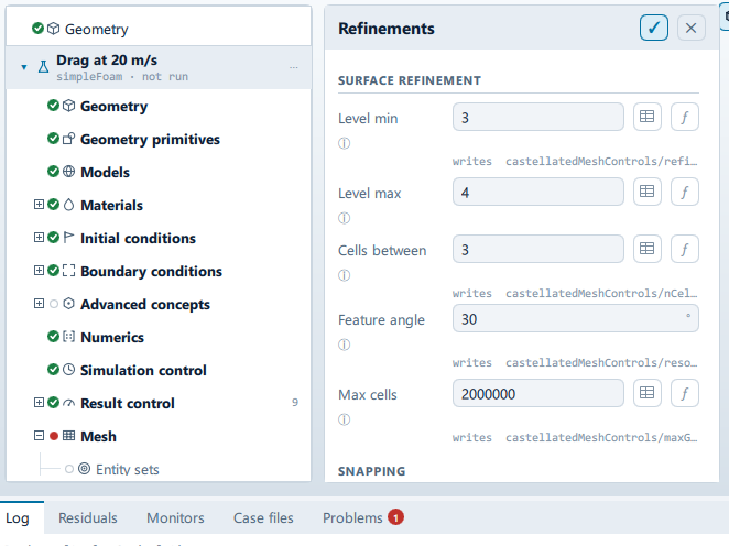 The Refinements panel open beside the setup tree, showing the Surface refinement, Snapping and Refinement regions sections.