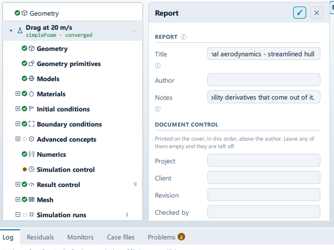 The Report panel open beside the setup tree, showing the Report, Document control, Sections and Snapshots sections.
