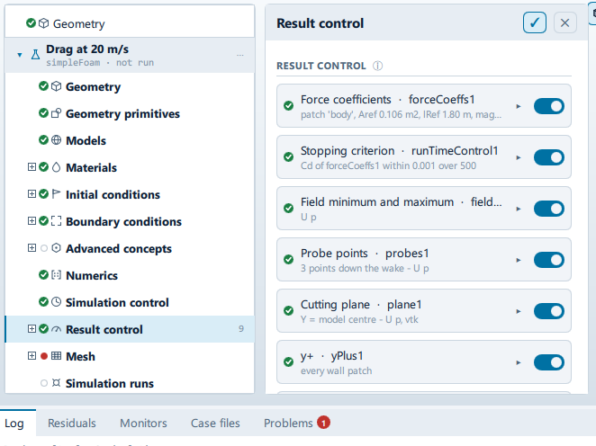 The Result control panel open beside the setup tree, showing the Result control and Add sections.