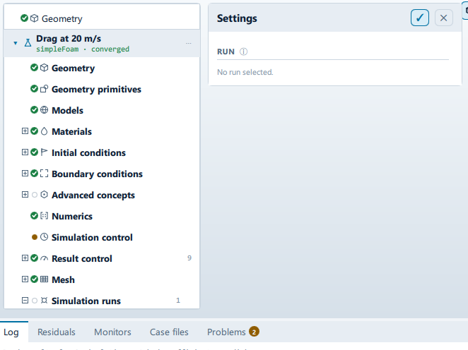 The Settings panel open beside the setup tree, showing the Run and Overrides sections.