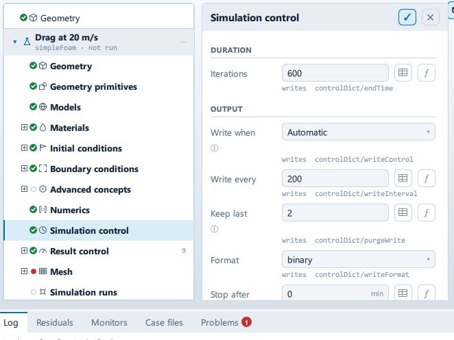 The Simulation control panel open beside the setup tree, showing the Duration, Output, Parallel and Executor sections.