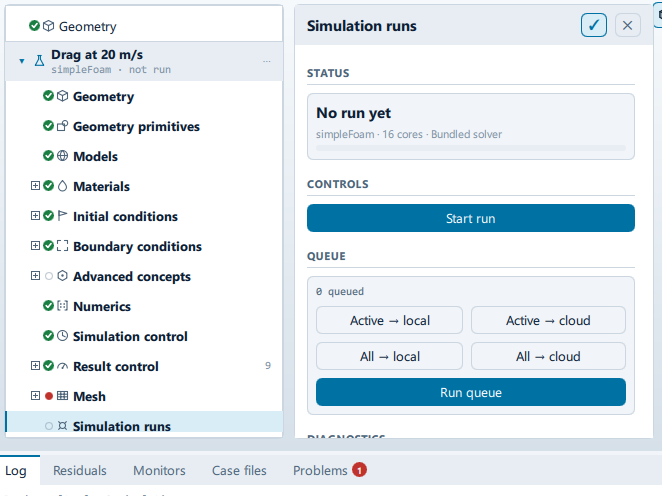 The Simulation runs panel open beside the setup tree, showing the Status, Controls, Queue, After the run, Result and Diagnostics sections.
